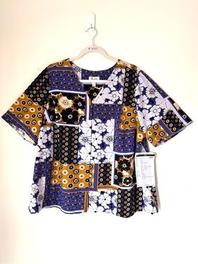 Denim & Co. Patchwork Print button up short sleeve blouseTop Sz XL NEW